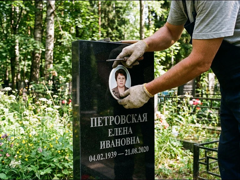 Фото на керамике на памятник в Красноярске — мастер устанавливает овальный керамический портрет на гранитный памятник