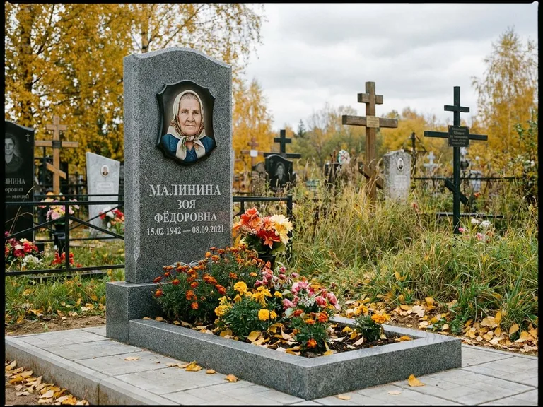 Чёрно-белый керамический портрет на памятнике в Красноярске