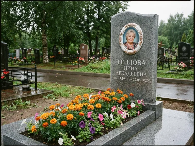 Керамический портрет на памятнике с цветами в Красноярске