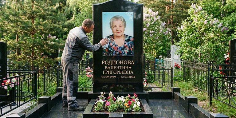 Фотокерамика и печать фото на памятник в Красноярске — мастер устанавливает цветной портрет на стекле на гранитный памятник