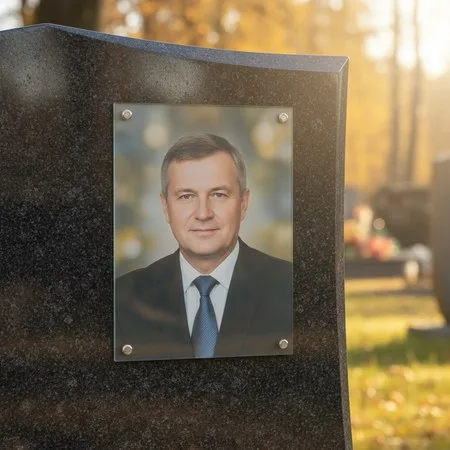 Портрет на стекле на держателях на чёрном граните в Красноярске
