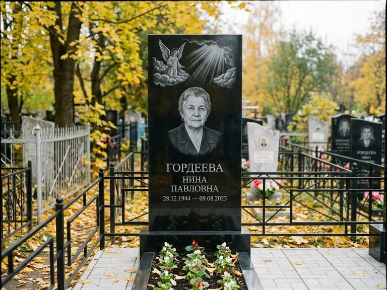Памятник с гравировкой ангела — гравировка ангела в облаках с лучами над портретом, работа «Гордеева» в Красноярске