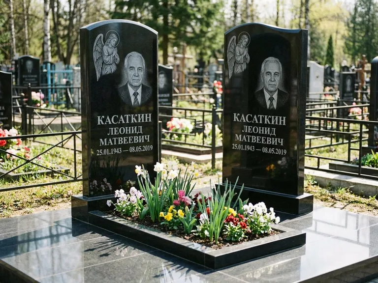 Памятник с гравировкой ангела — гравировка молящегося ангела в верхней части стелы, работа «Касаткин» в Красноярске