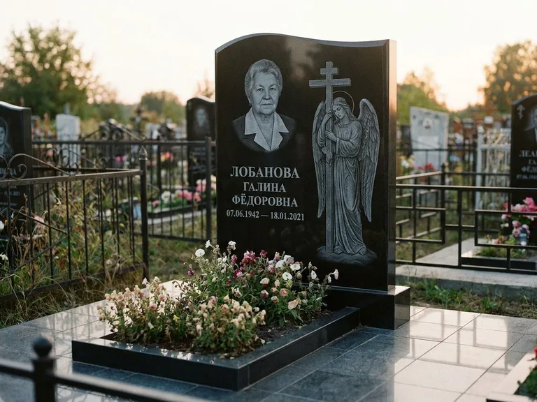 Памятник с гравировкой ангела — гравировка ангела с крестом рядом с эпитафией, работа «Лобанова» в Красноярске