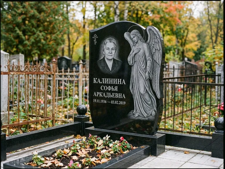 Памятник с гравировкой ангела — гравировка ангела с крестом рядом с эпитафией, работа «Игнатова» в Красноярске