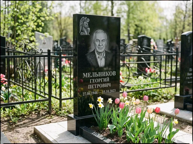 Памятник с гравировкой ангела — гравировка ангела с голубем по диагонали стелы, работа «Доронин» в Красноярске