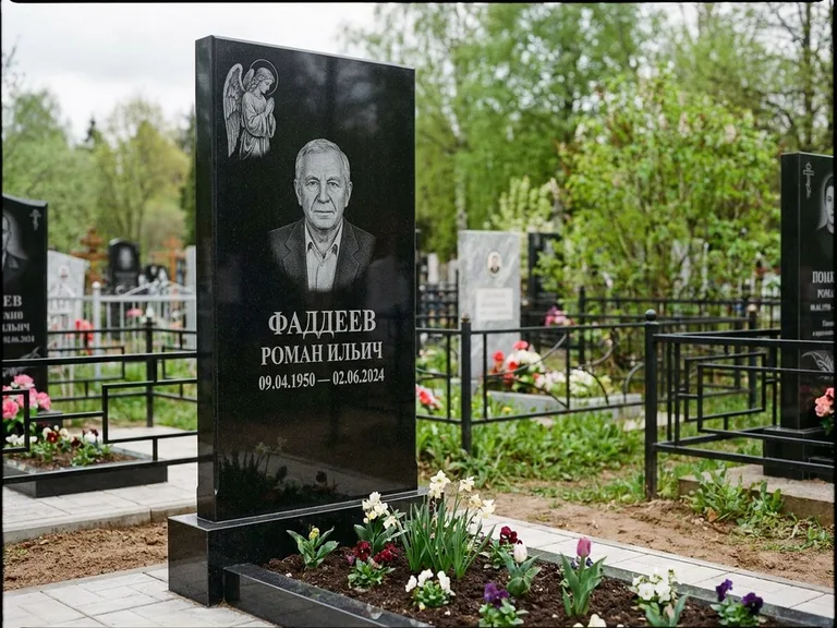 Памятник с гравировкой ангела — гравировка молящегося ангела в верхней части стелы, работа «Фаддеев» в Красноярске