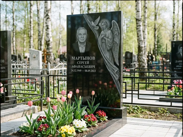 Памятник с гравировкой ангела — гравировка двух ангелов по сторонам портрета, работа «Касаткин» в Красноярске