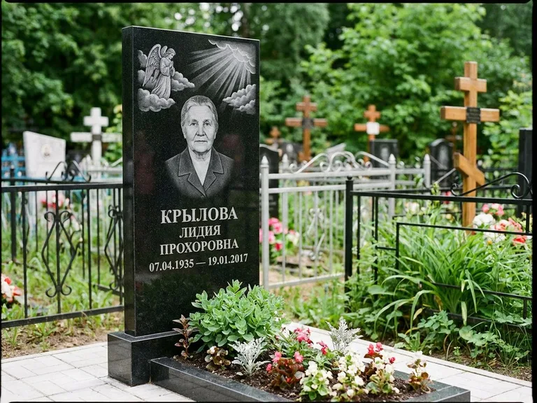 Памятник с гравировкой ангела — гравировка ангела в облаках с лучами над портретом, работа «Лобанова» в Красноярске