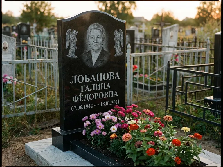 Памятник с гравировкой ангела — гравировка двух ангелов по сторонам портрета, работа «Лобанова» в Красноярске