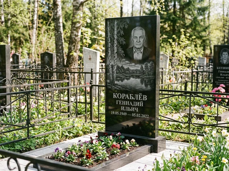 Памятник с гравировкой берёзы — гравировка берёзы у зеркального озера, работа «Кораблёв» в Красноярске