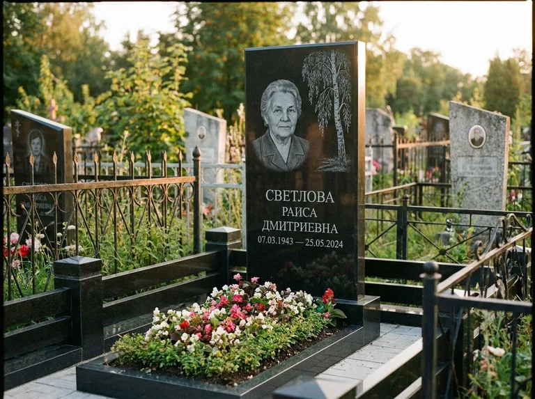 Памятник с гравировкой берёзы — гравировка плакучей берёзы с тонкими ветвями, работа «Светлова» в Красноярске