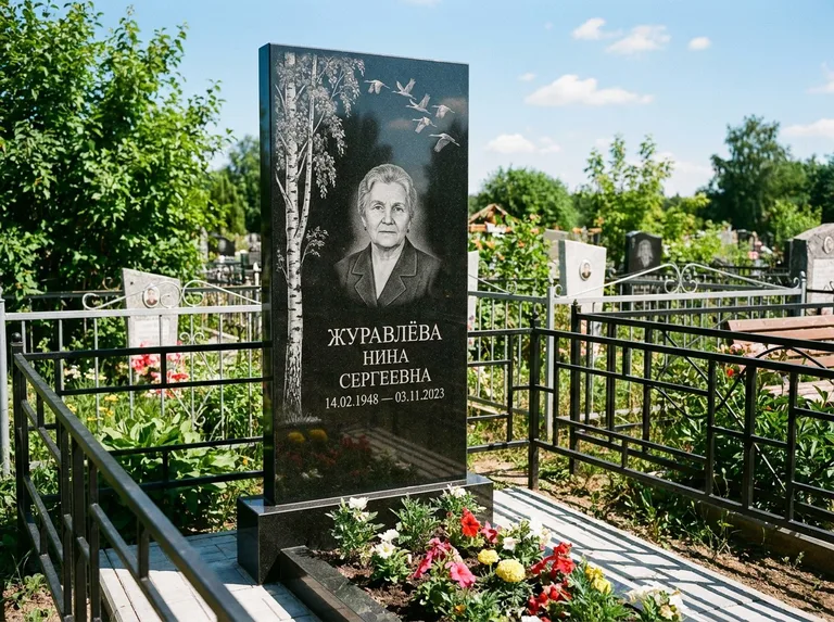 Памятник с гравировкой берёзы — гравировка берёзы с журавлиным клином в небе, работа «Журавлёва» в Красноярске