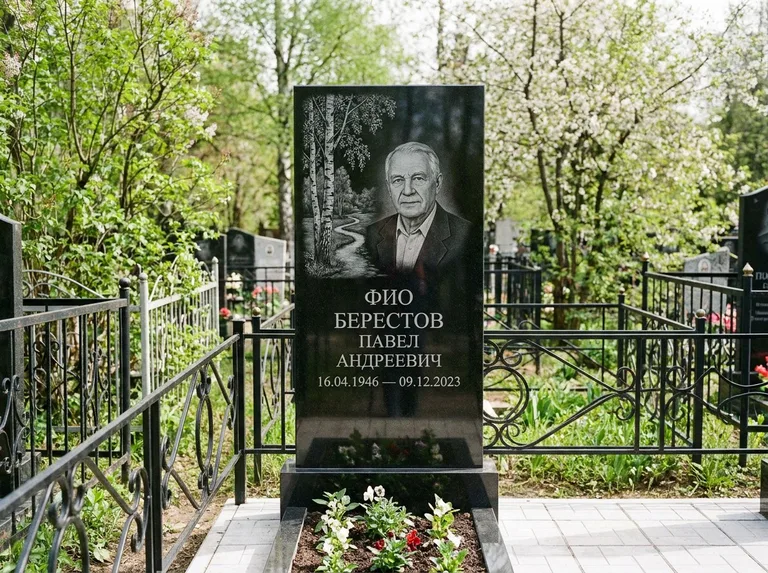 Памятник с гравировкой берёзы — гравировка берёзы у тропинки, уходящей вдаль, работа «Берестов» в Красноярске