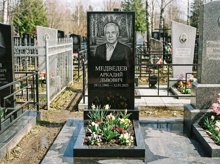 Памятник с гравировкой берёзы — гравировка берёзовой рощи в глубину, работа «Медведев» в Красноярске