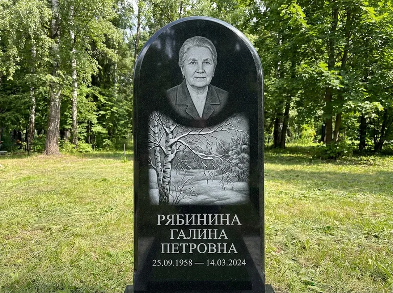 Памятник с гравировкой берёзы: стела с плавным арочным верхом — зимняя берёза, снег на ветвях, газон без ограды, стриженая трава, работа «Рябинина» в Красноярске
