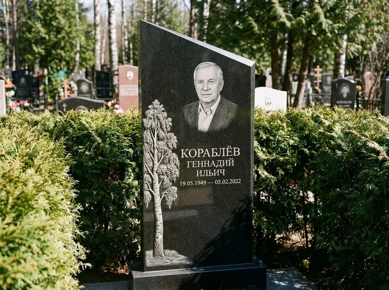 Памятник с гравировкой берёзы: асимметричная скошенная стела — объёмная одинокая берёза с фактурной корой, живая изгородь из туи, работа «Кораблёв» в Красноярске
