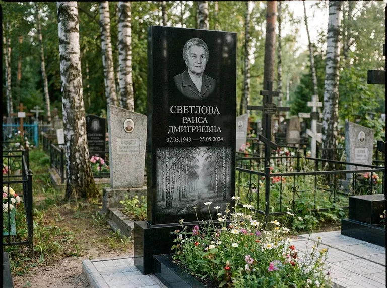 Памятник с гравировкой берёзы: двойная семейная стела — берёзовая роща в лёгкой дымке, цветник с полевыми цветами, работа «Светлова» в Красноярске