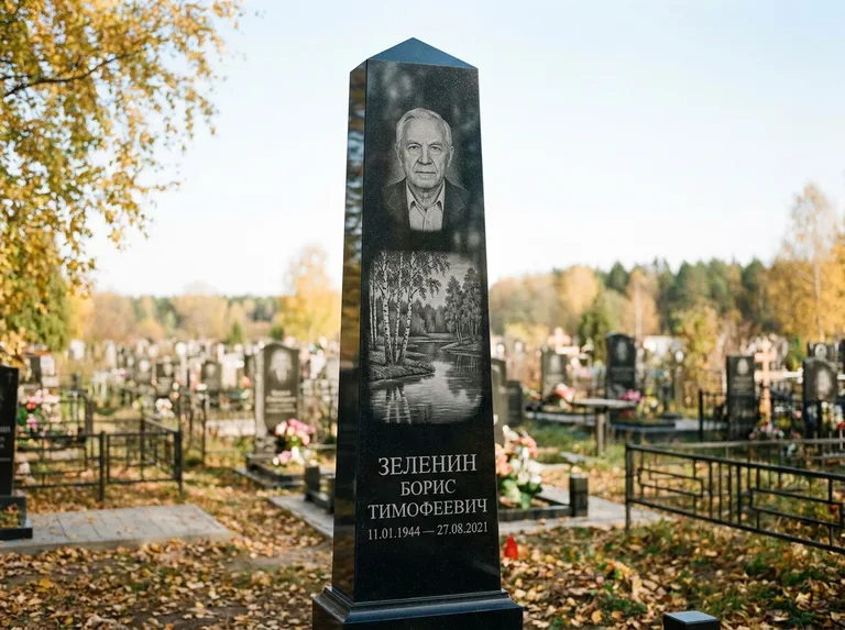 Памятник с гравировкой берёзы: гранёный обелиск-колонна — берёза у воды с отражением, открытый участок, мягкий свет, работа «Зеленин» в Красноярске