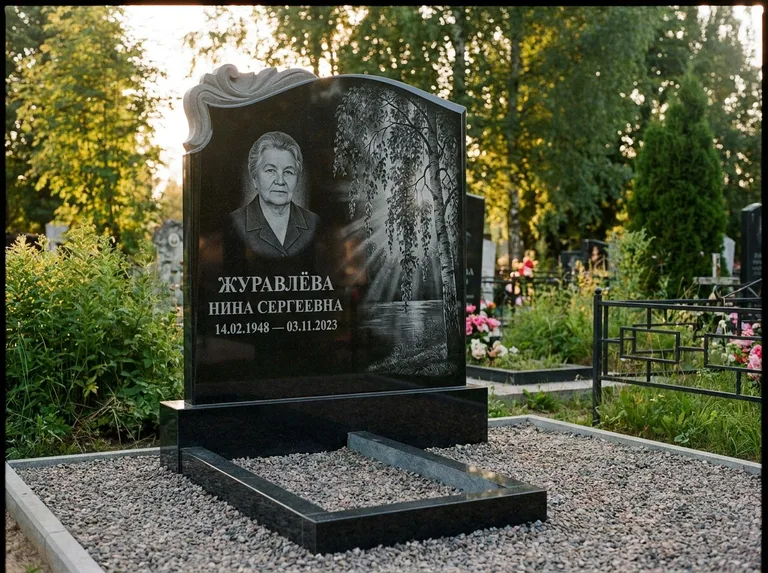 Памятник с гравировкой берёзы: стела с фигурным резным верхом — плакучая берёза в контровом свете, гравийная отсыпка, рассвет, работа «Журавлёва» в Красноярске