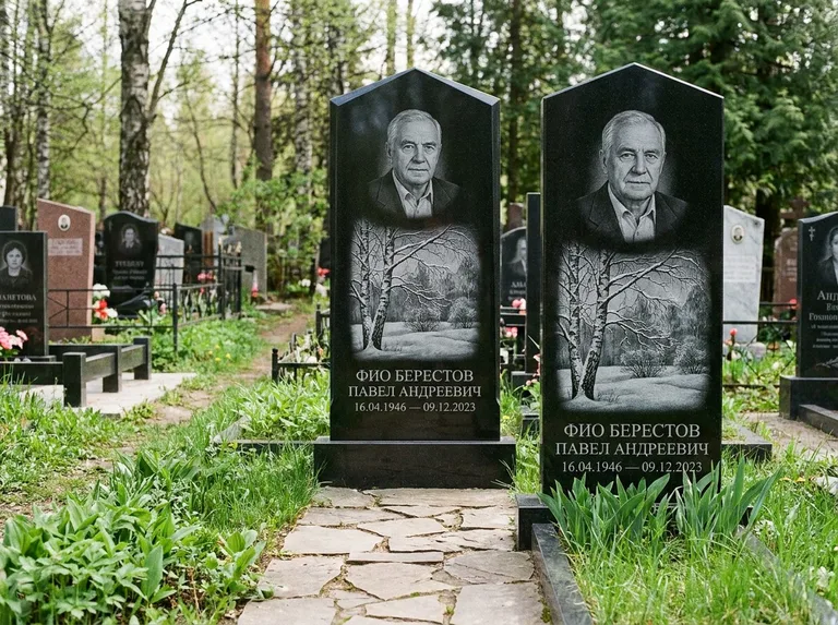 Памятник с гравировкой берёзы: массивная стела с двускатным навершием — зимняя берёза, снег на ветвях, дорожка из природного плитняка, работа «Берестов» в Красноярске