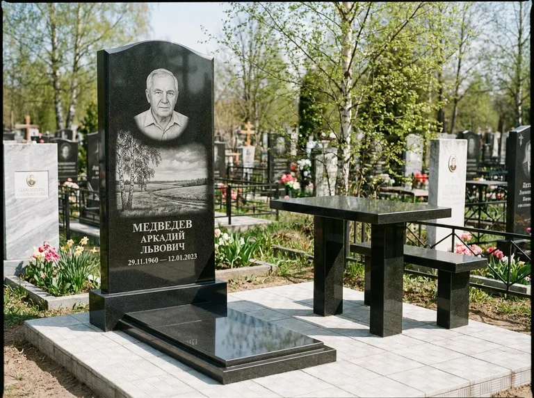 Памятник с гравировкой берёзы: стела с гранитным столиком и скамьёй — берёза у поля, простор до горизонта, семейный участок с плиткой, работа «Медведев» в Красноярске