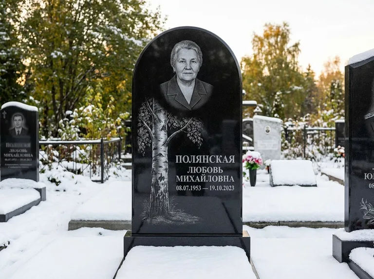 Памятник с гравировкой берёзы: полукруглая стела — объёмная одинокая берёза с фактурной корой, заснеженный зимний участок, работа «Полянская» в Красноярске
