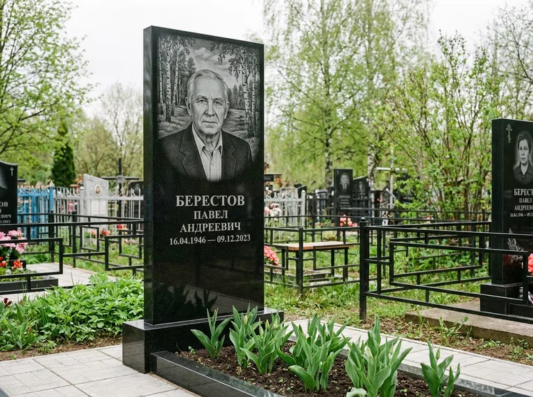 Памятник с гравировкой берёзы — гравировка берёзовой рощи в глубину, работа «Берестов» в Красноярске