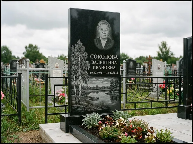 Памятник с гравировкой берёзы — гравировка берёзы у зеркального озера, работа «Соколова» в Красноярске