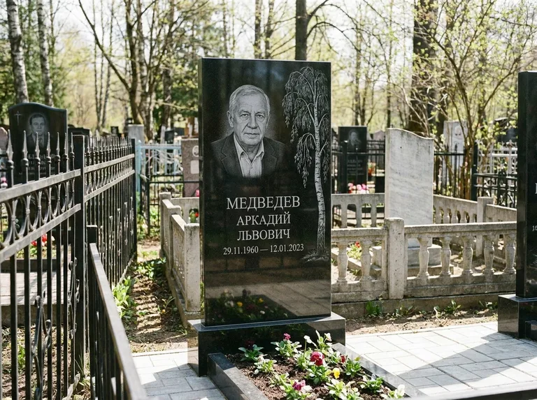 Памятник с гравировкой берёзы — гравировка плакучей берёзы с тонкими ветвями, работа «Медведев» в Красноярске