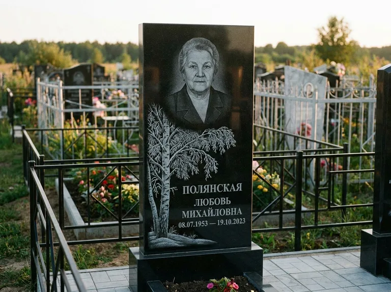 Памятник с гравировкой берёзы — гравировка зимней берёзы в инее, работа «Полянская» в Красноярске
