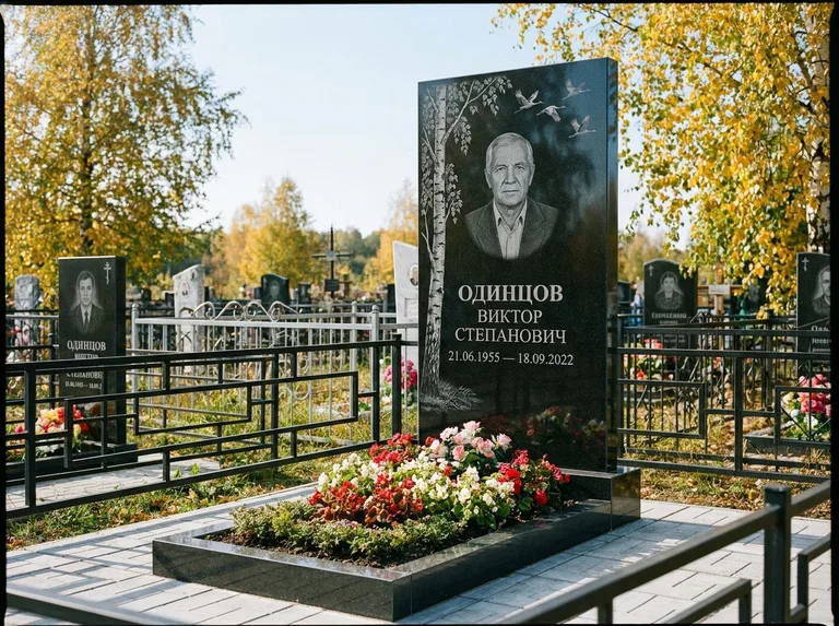 Памятник с гравировкой берёзы — гравировка берёзы с журавлиным клином в небе, работа «Одинцов» в Красноярске