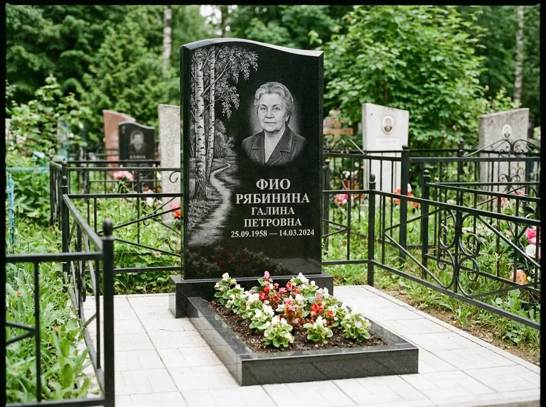 Памятник с гравировкой берёзы — гравировка берёзы у тропинки, уходящей вдаль, работа «Рябинина» в Красноярске