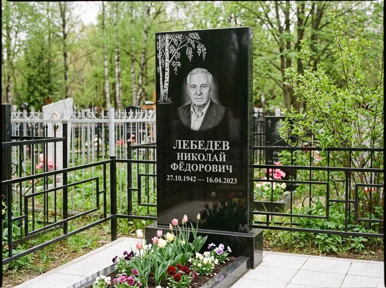 Памятник с гравировкой берёзы — гравировка одинокой берёзы над именем, работа «Лебедев» в Красноярске