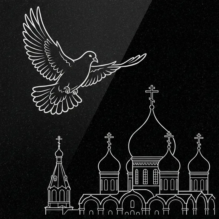 Эскиз гравировки голубей на памятник — голубь в небе над храмом в Красноярске