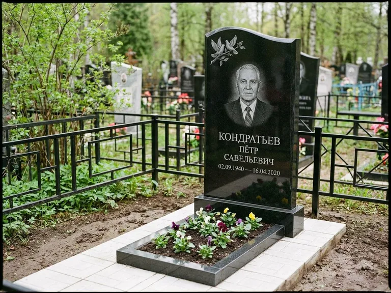 Памятник с гравировкой голубей — гравировка пары голубей на ветке в верхнем углу стелы, работа «Кондратьев» в Красноярске