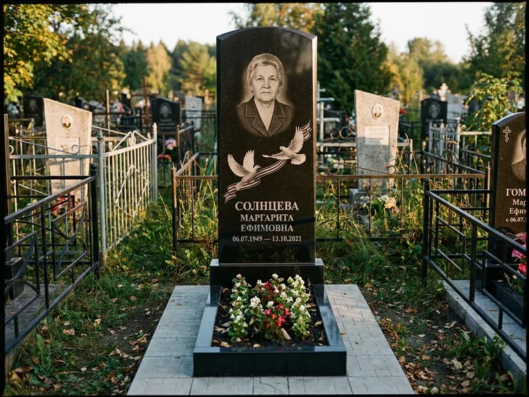 Памятник с гравировкой голубей — гравировка двух летящих голубей с лентой по диагонали стелы, работа «Солнцева» в Красноярске