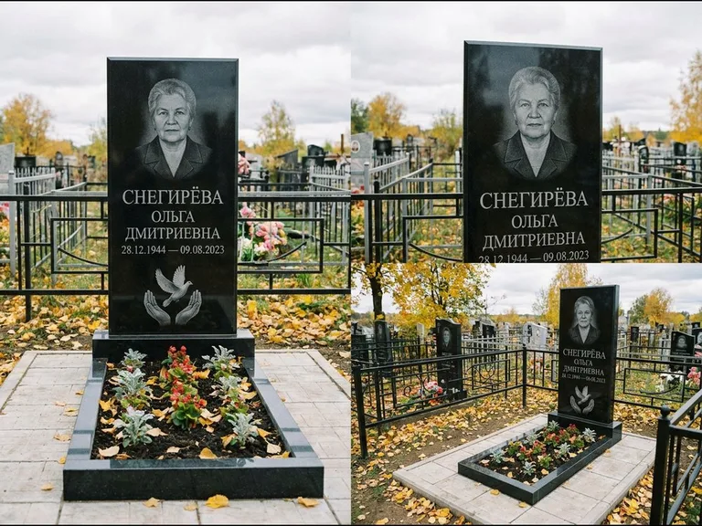 Памятник с гравировкой голубей — гравировка голубя над раскрытыми ладонями внизу стелы, работа «Снегирёва» в Красноярске