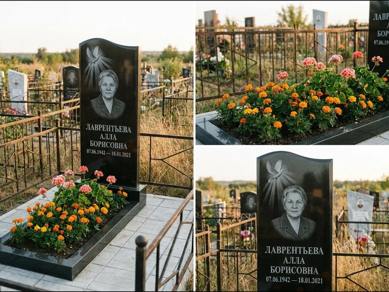 Памятник с гравировкой голубей — гравировка голубя в лучах света над портретом, работа «Лаврентьева» в Красноярске