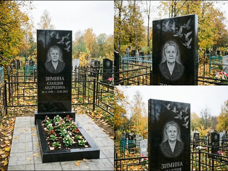 Памятник с гравировкой голубей — гравировка стаи голубей, взлетающей от угла стелы, работа «Зимина» в Красноярске