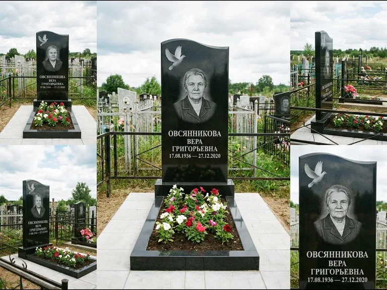 Памятник с гравировкой голубей — белая гравировка взлетающего голубя над портретом, работа «Овсянникова» в Красноярске