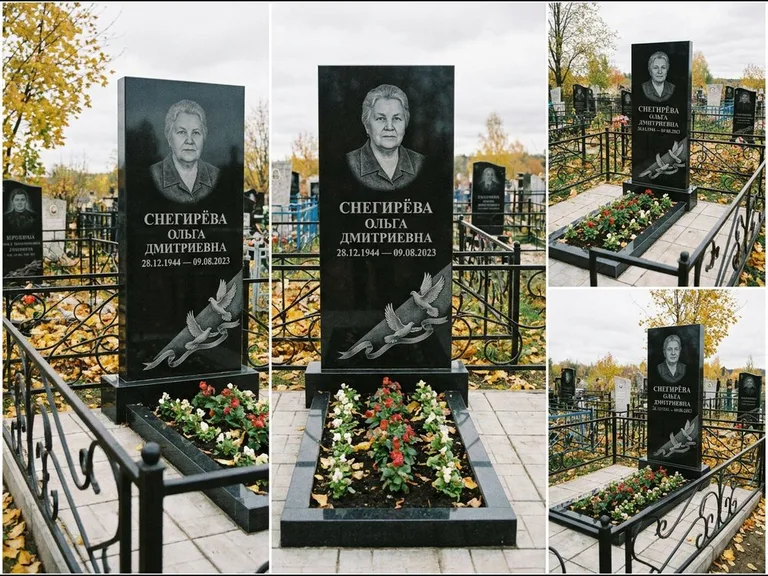 Памятник с гравировкой голубей — гравировка двух летящих голубей с лентой по диагонали стелы, работа «Снегирёва» в Красноярске