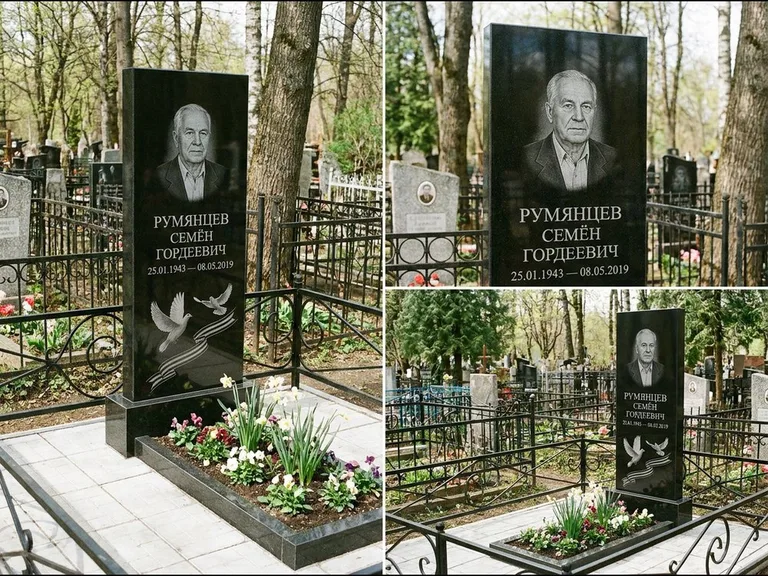 Памятник с гравировкой голубей — гравировка двух летящих голубей с лентой по диагонали стелы, работа «Румянцев» в Красноярске