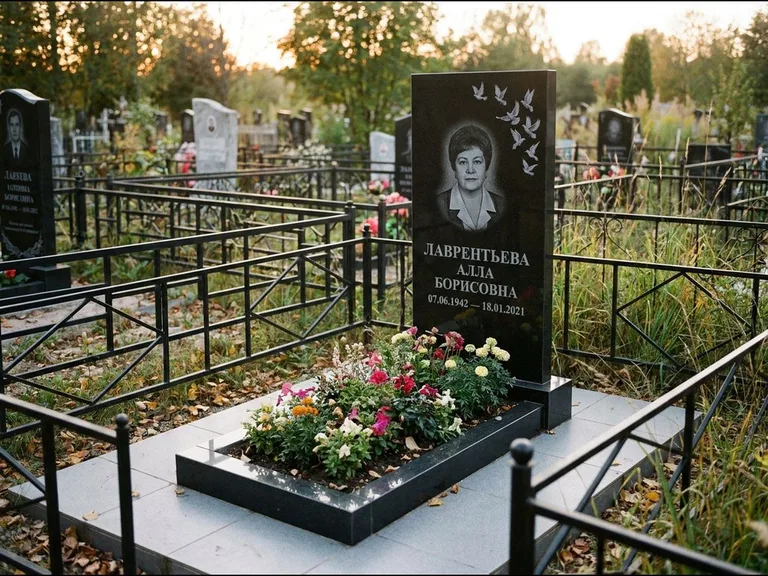 Памятник с гравировкой голубей — гравировка стаи голубей, взлетающей от угла стелы, работа «Лаврентьева» в Красноярске