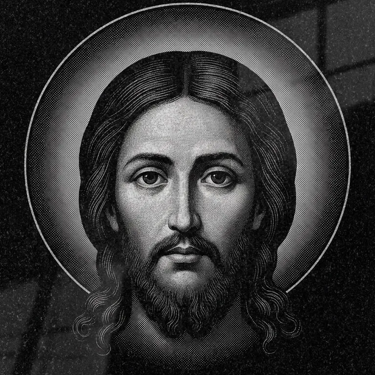Эскиз иконы: Спас Нерукотворный (полутон) — детальный лик на убрусе, гравировка на памятник в Красноярске