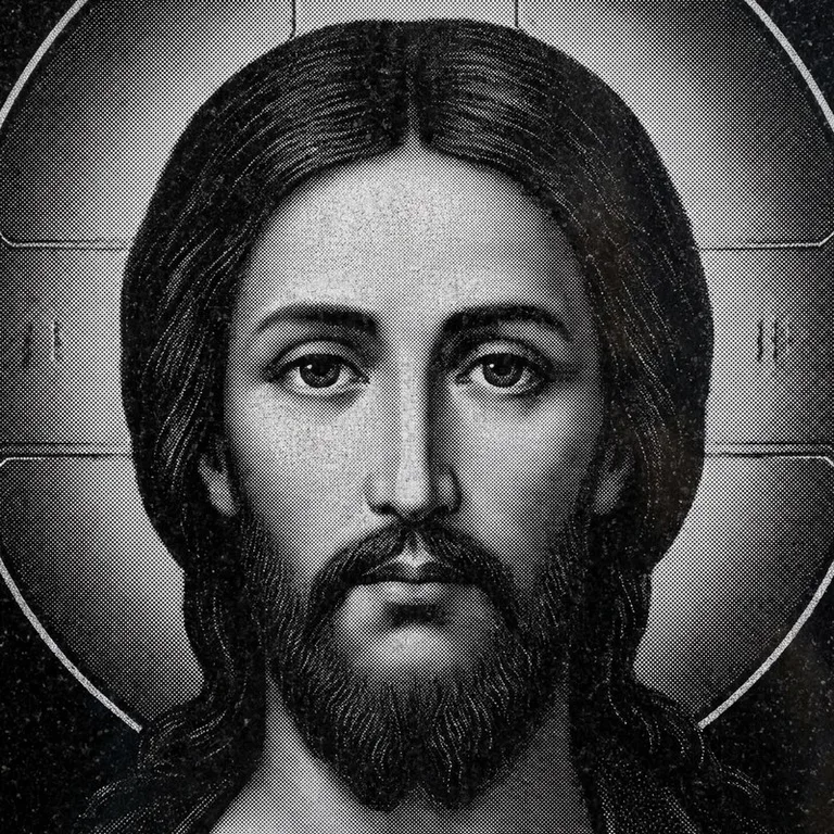 Эскиз иконы: Спас Вседержитель (полутон) — объёмный лик, светотень, гравировка на памятник в Красноярске