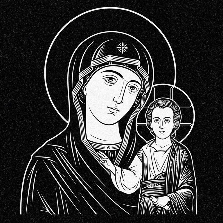 Эскиз иконы: «Утоли моя печали» — облегчение скорби, гравировка на памятник в Красноярске