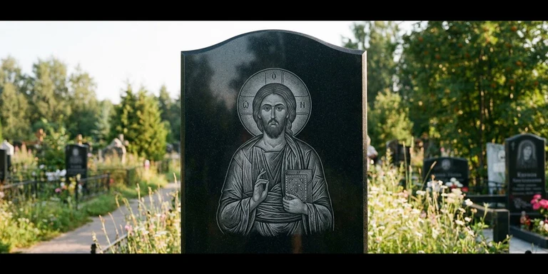 Иконы для гравировки на памятник в Красноярске — образ на стеле из чёрного гранита с ручной доводкой лика