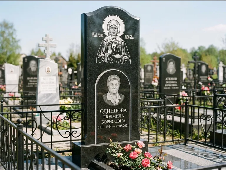 Памятник с гравировкой иконы — Владимирская икона Божией Матери с Младенцем, работа «Зотов» в Красноярске