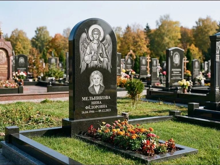 Памятник с гравировкой иконы — икона над портретом усопшего, работа «Журавлёв» в Красноярске